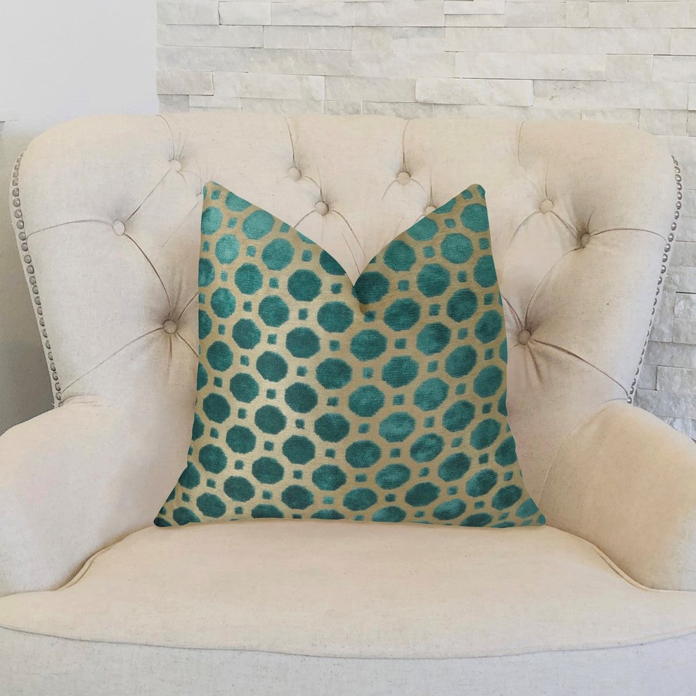 Velvet Aquamarine Turquoise and Taupe Handmade Luxury Pillow, 20"x20"