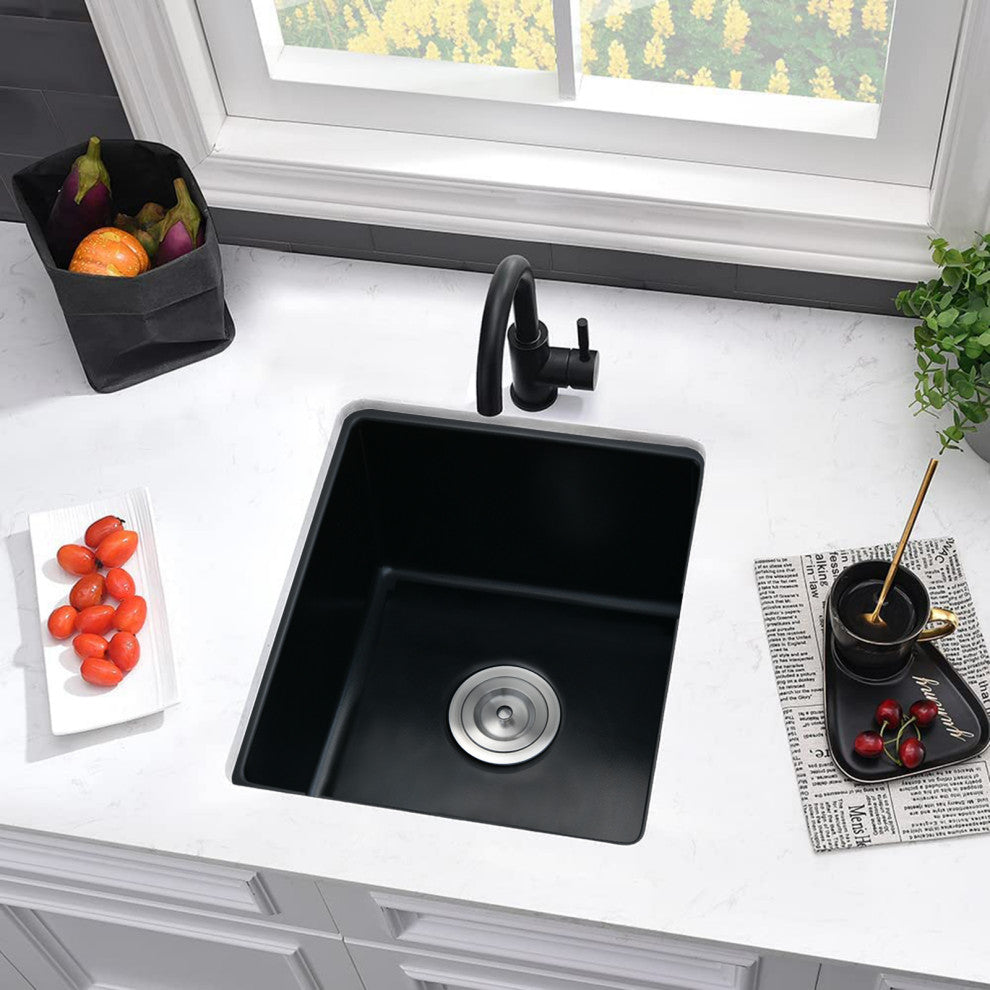 18"Lx16" W Quartz Bar Sink with Basket Strainer Matte Black
