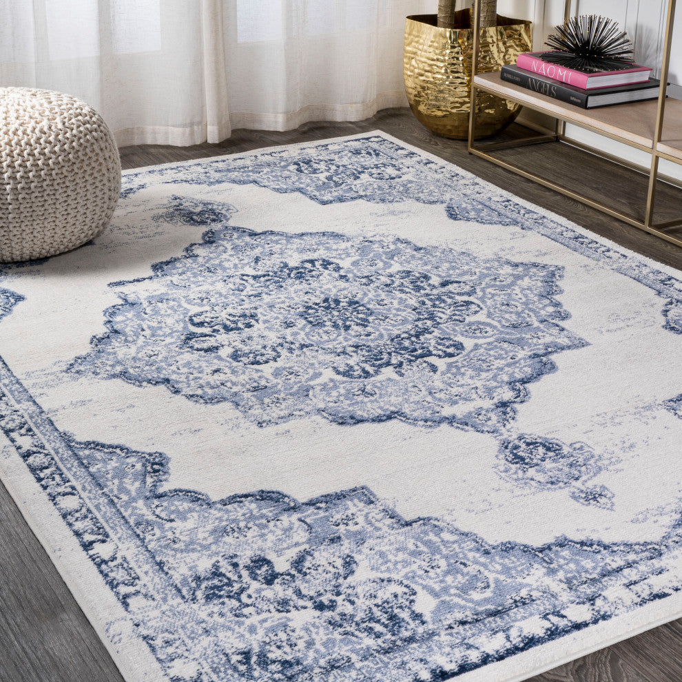 Alhambra Ornate Medallion Modern Runner Rug, Light Blue/Ivory, 5x8