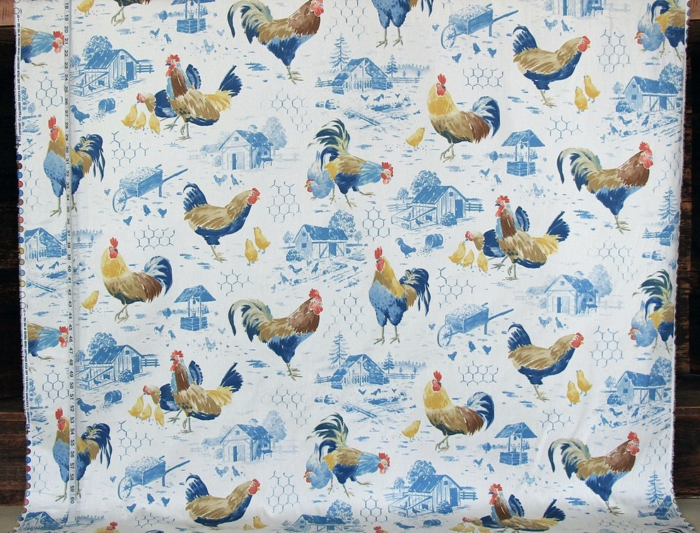 Blue chicken rooster toile fabric  farmhouse decorating , Standard Cut