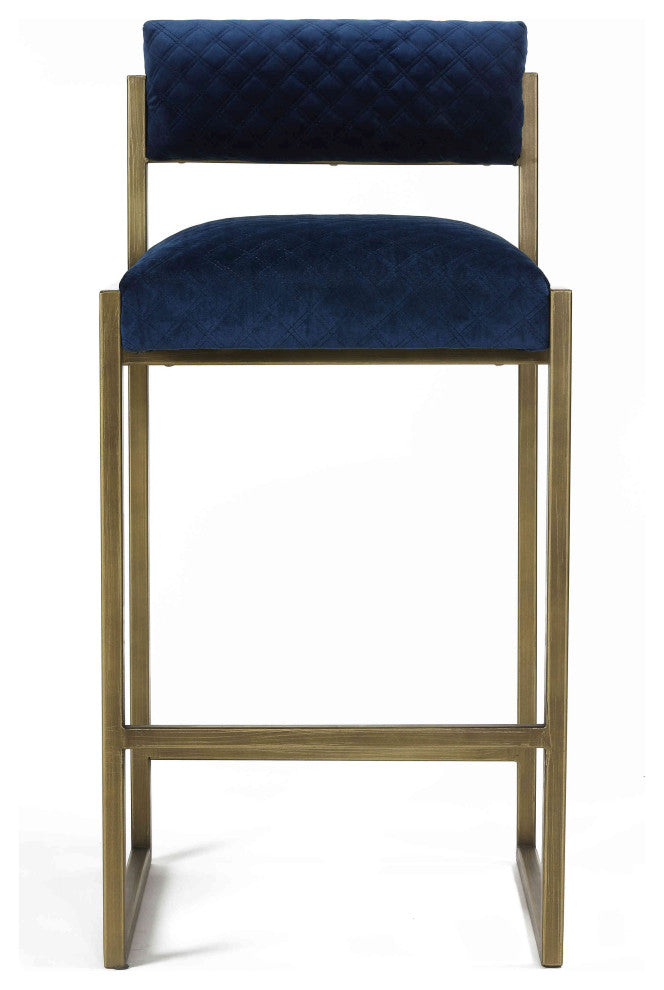 Cortesi Home Argo 30" Barstool, Blue Velvet, Brushed Gold Legs