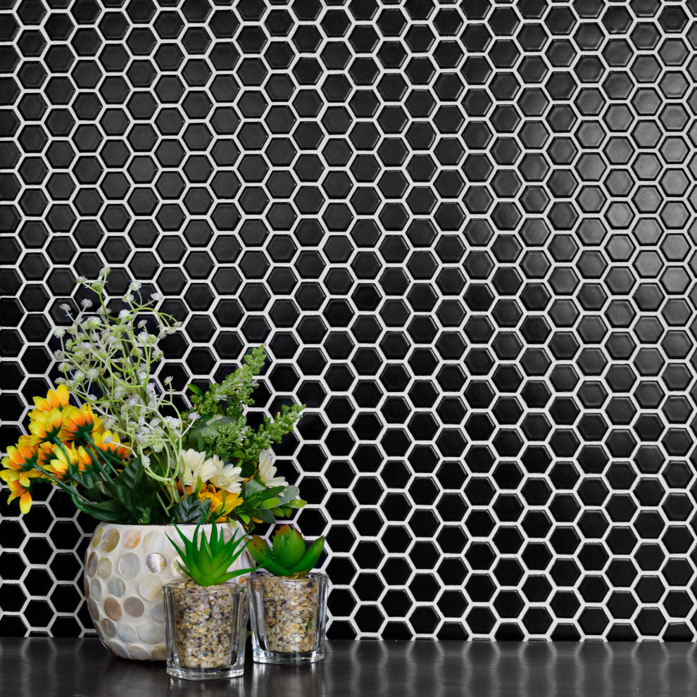 Metro 1" Hex Porcelain Mosaic Floor and Wall Tile, Black