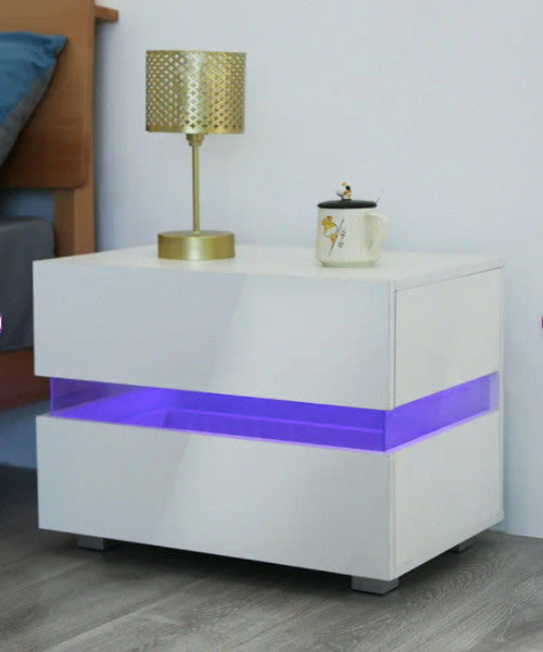 Modern LED Light Nightstand w/2 Drawers with 20 Colors, White