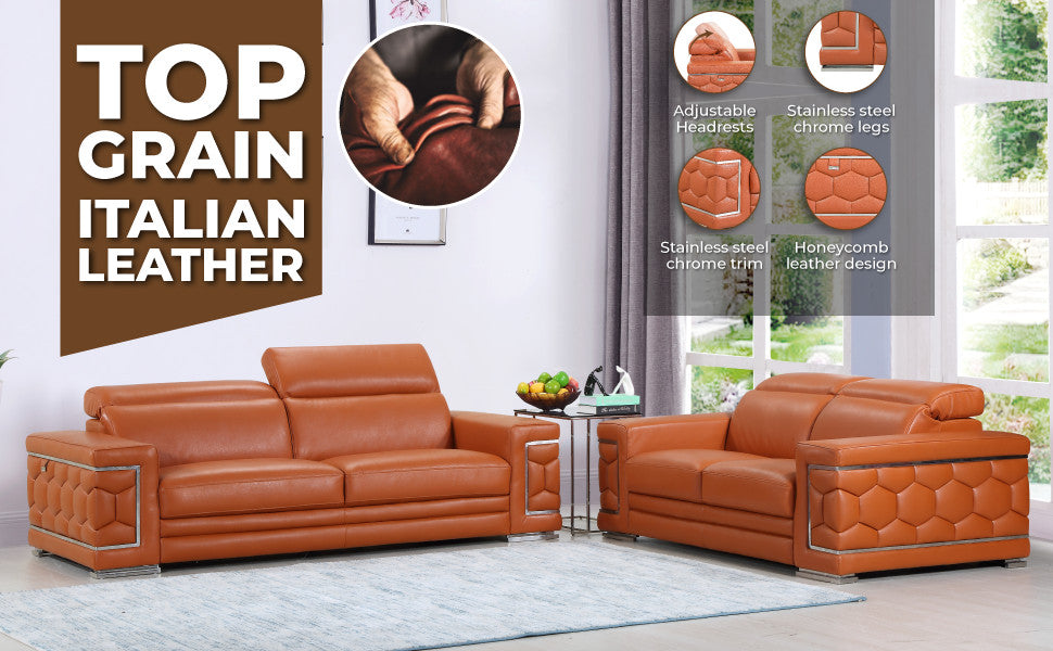 Rome Contemporary Genuine Italian Leather Loveseat Camel