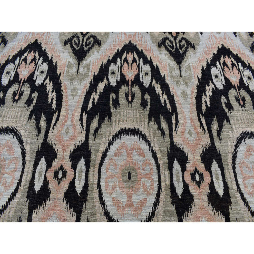 Eerie Black 100% Wool Ikat Uzbek Design Hand Knotted Oriental Rug 9'1" x 13'