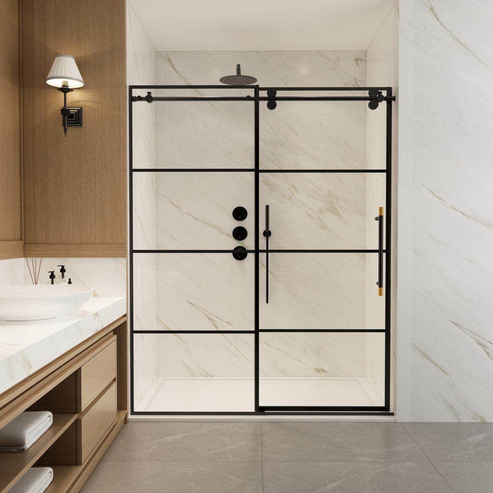 Losar Single Sliding Framed Shower Door, Matte Black, 64" W X 78"h