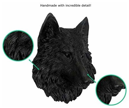 Mounted Resin Wolf Head, Black, Mini
