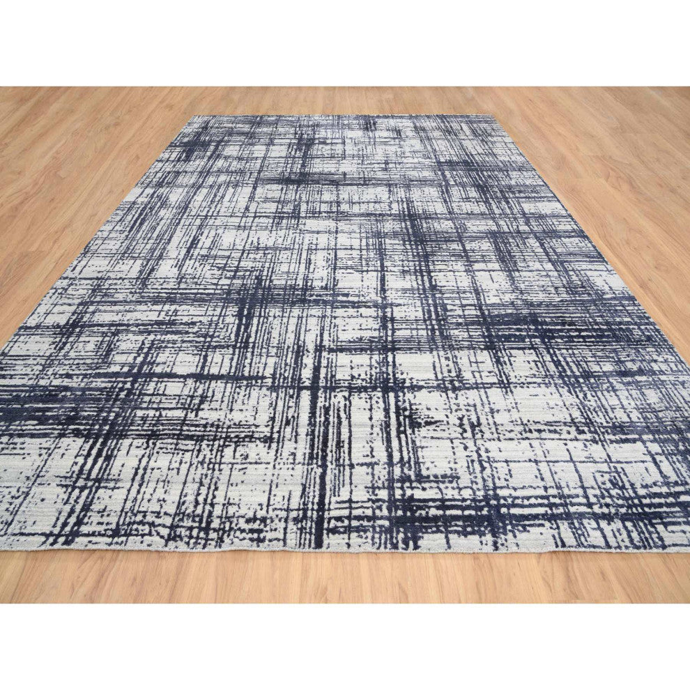 Black, Modern Erased Lines Design, Wool and Silk Hand Loomed Rug, 10'0"x13'9"