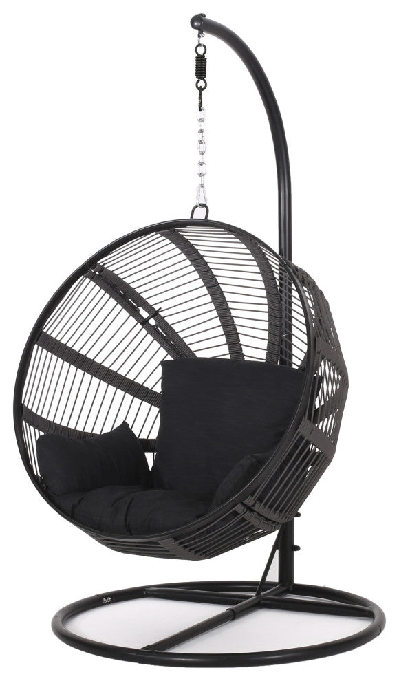 Ansonia Outdoor Rope Weave Hanging Chair With Stand, Gray + Black