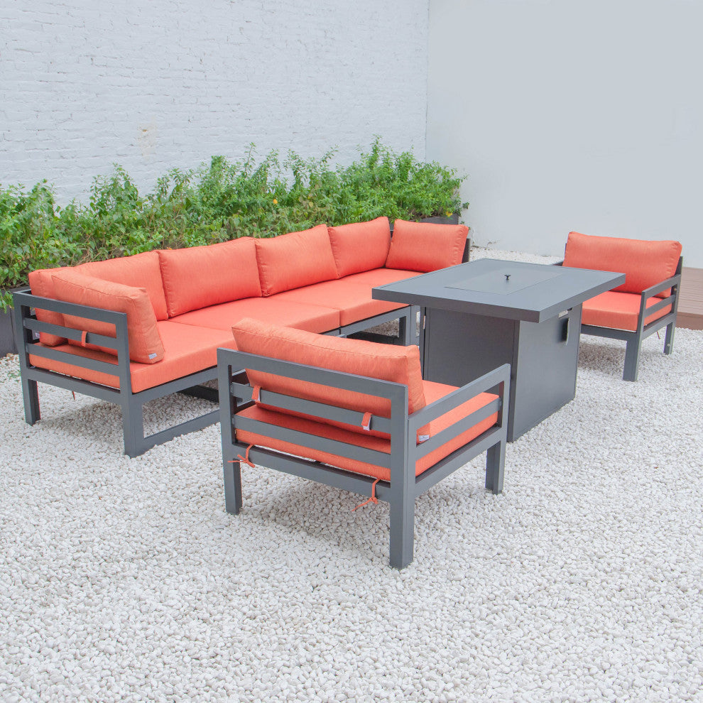 LeisureMod Chelsea 7-Piece Outdoor Sectional With Fire Pit Table, Orange