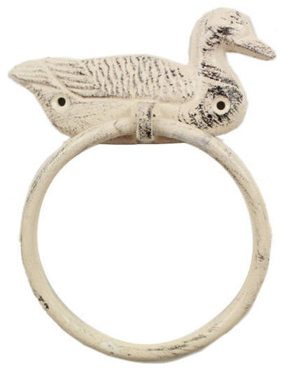 Whitewashed Cast Iron Mallard Duck Towel Holder 6.5"