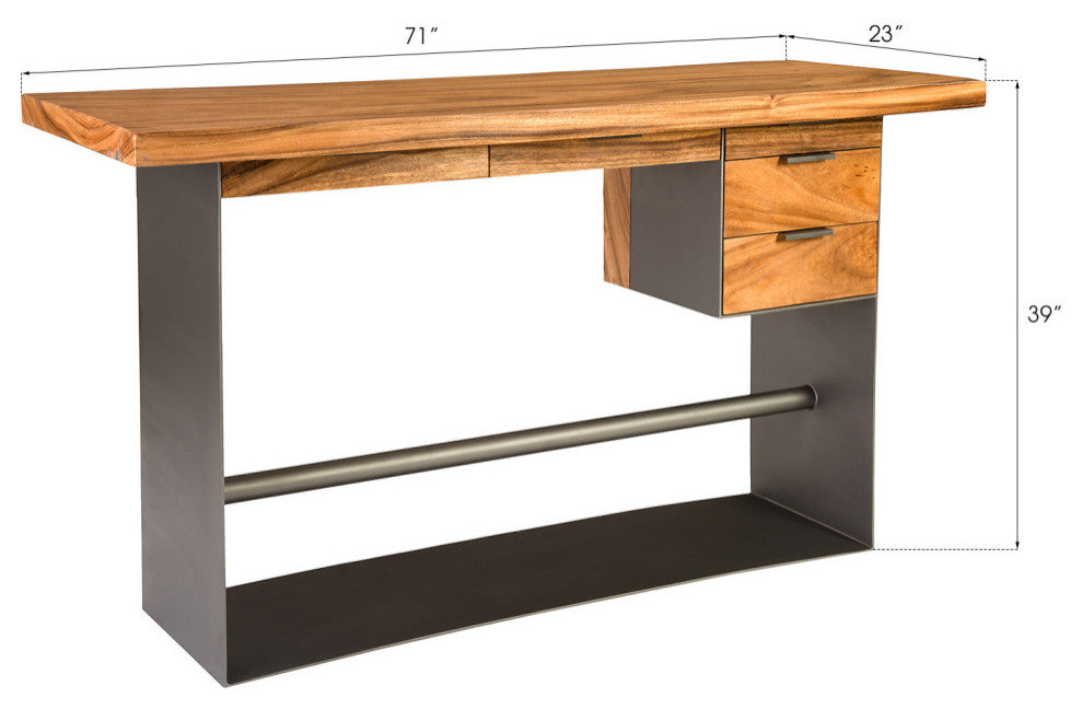 Iron Frame Standing Desk With Drawers, Chamcha Wood, Natural, Bar Height
