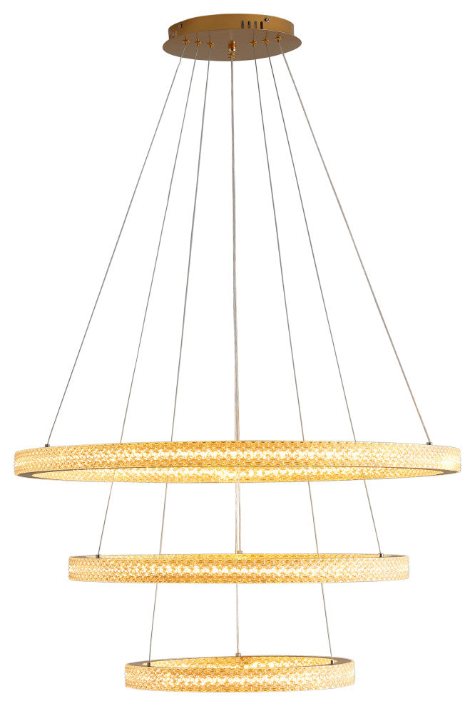 3 Ring LED Chandelier Modern Crystal Tiered Pendant Lights, Gold