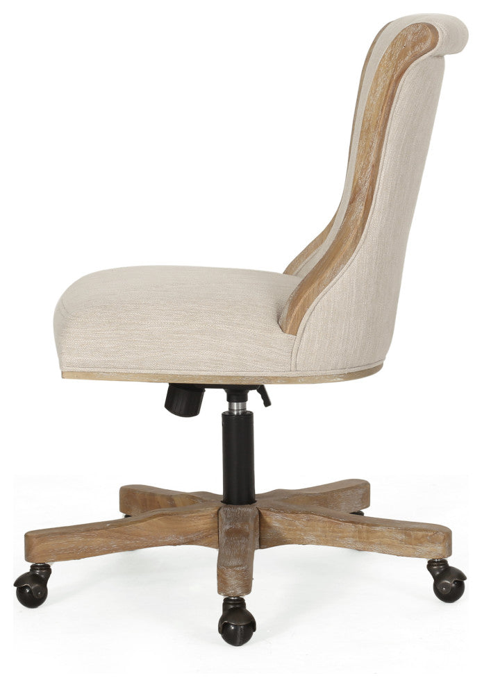 Andrea Contemporary Upholstered Roll Back Swivel Office Chair, Beige + Natural, 100% Polyester