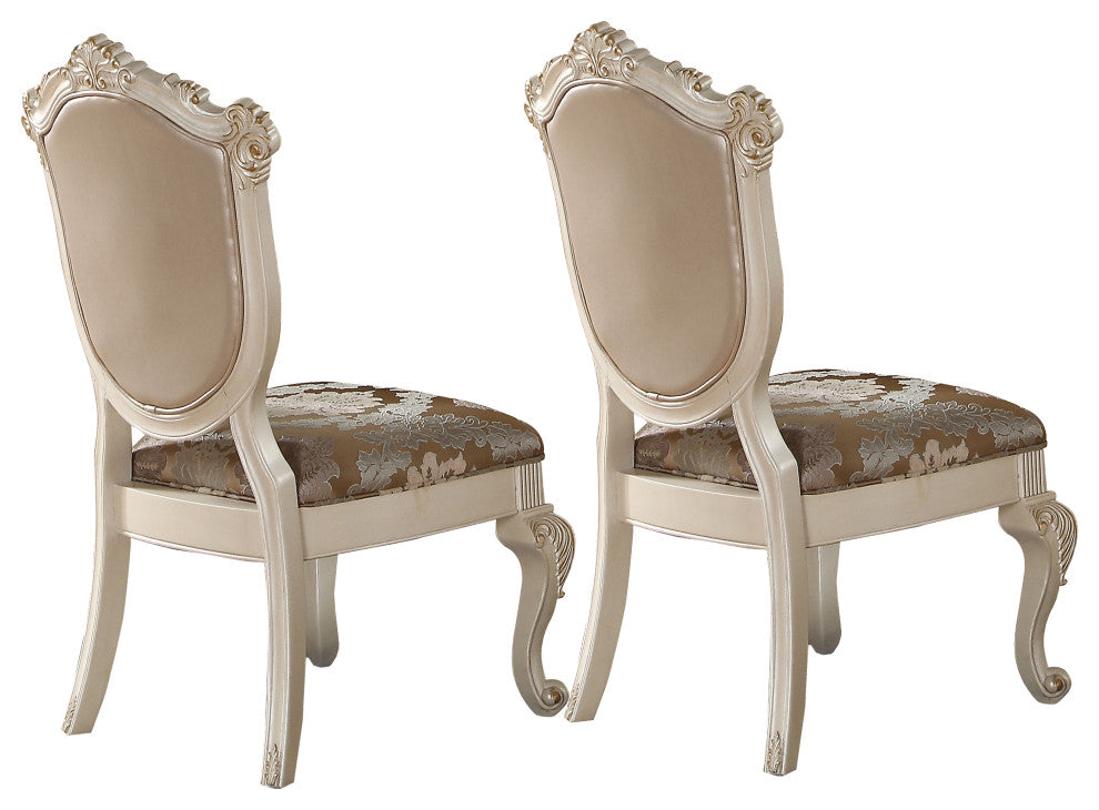 Benzara BM191306 Faux Leather Wooden Side Chair, Cabriole Legs, White, S/2