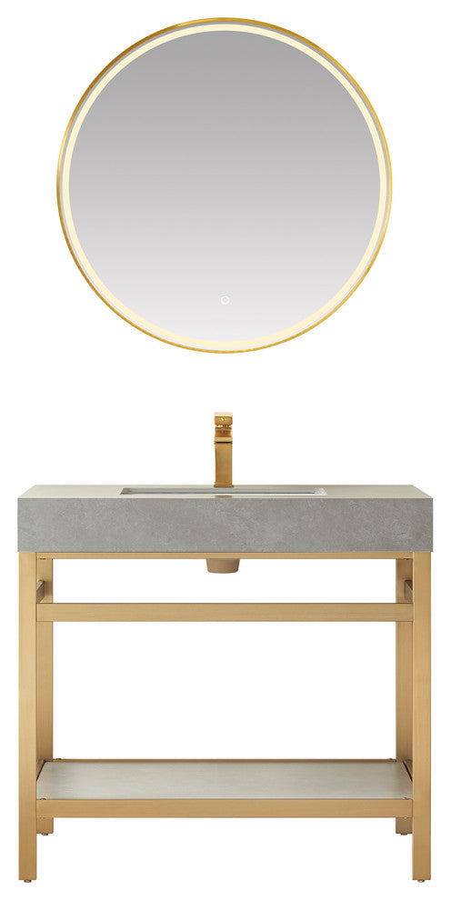 Funes Bath Vanity with Mirror, Brushed Gold Support, 36'', Grey Stone Top