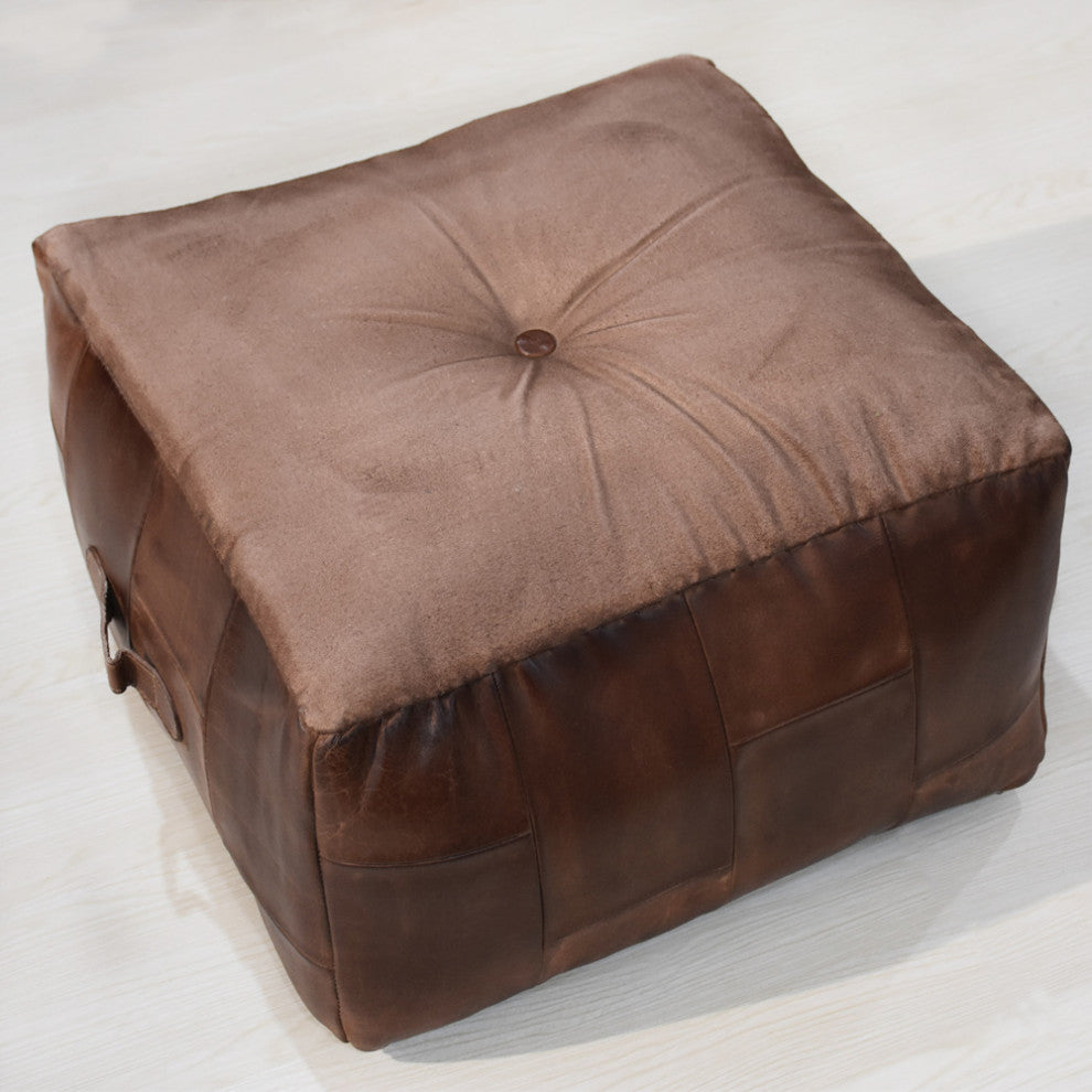 Geometric Handmade Leather Pouf (Recycled Foam with Fibre Fill) Black, [Square] 21x21x12