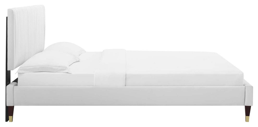Platform Bed Frame, Twin Size, Velvet, White, Modern Contemporary, Bedroom
