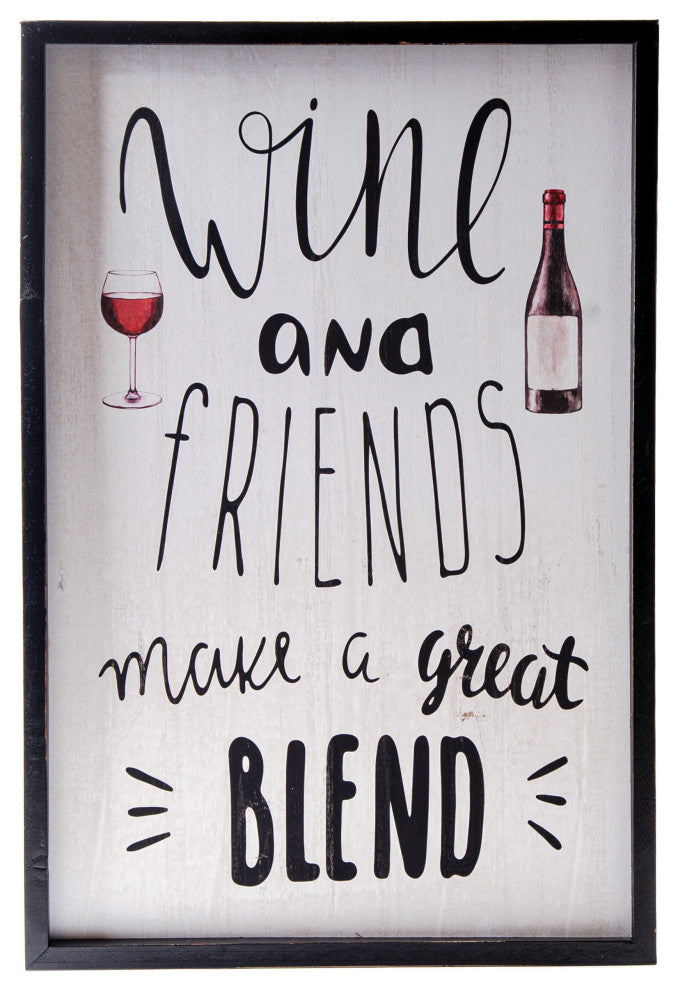 Rectangle Wood Wall Art with "Wine and Friends" Painted White Finish