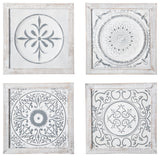 Square Wood Wall Art with Mandala Pattern Washed White Finish, Asstd of 4