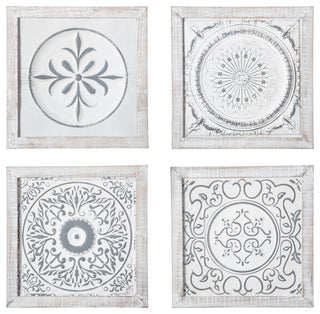 Square Wood Wall Art with Mandala Pattern Washed White Finish, Asstd of 4