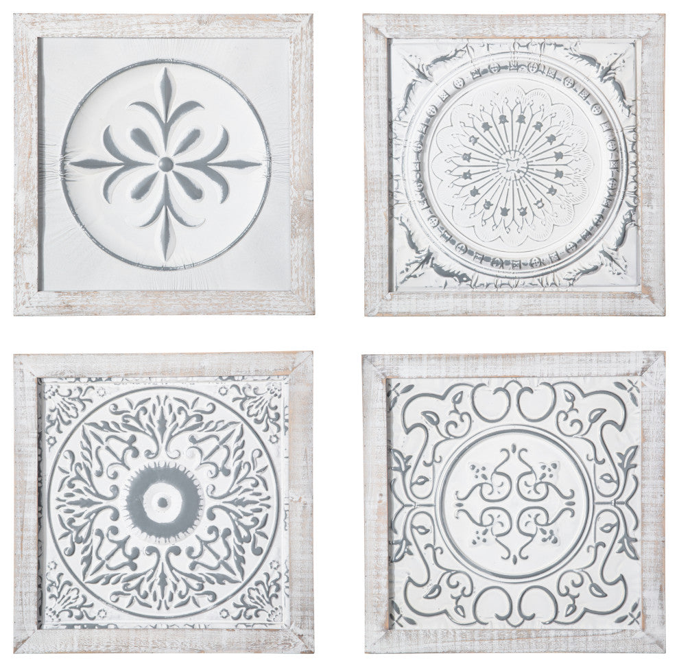 Square Wood Wall Art with Mandala Pattern Washed White Finish, Asstd of 4