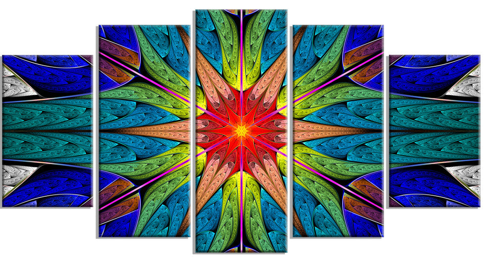 Budding Fractal Colorful Flower, Abstract Canvas Art Print, 60"x32", 5 Panels