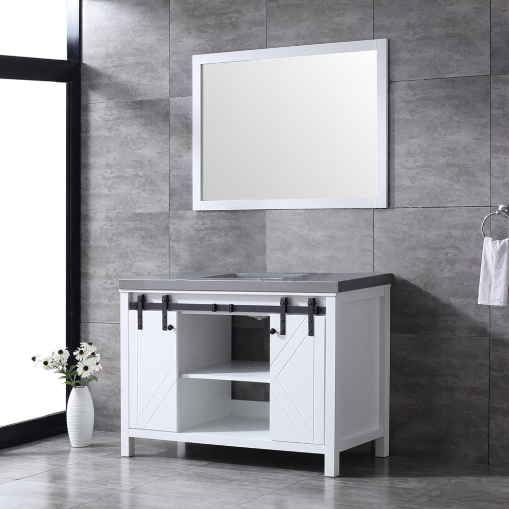 Marsyas 48" White Single Vanity, Gray Quartz Top, White Sink and 44" Mirror