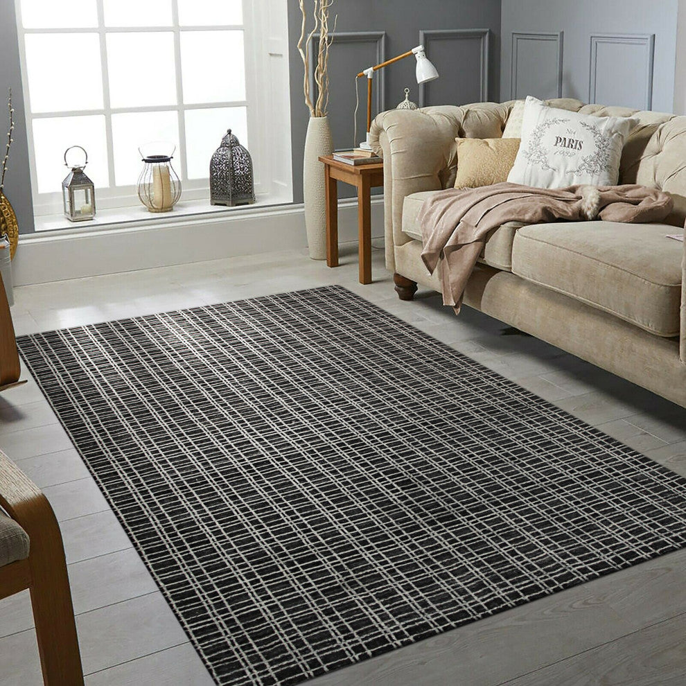 Handmade Wool and Viscose Charcoal Geometric Loom Check Rug, 8x9'9