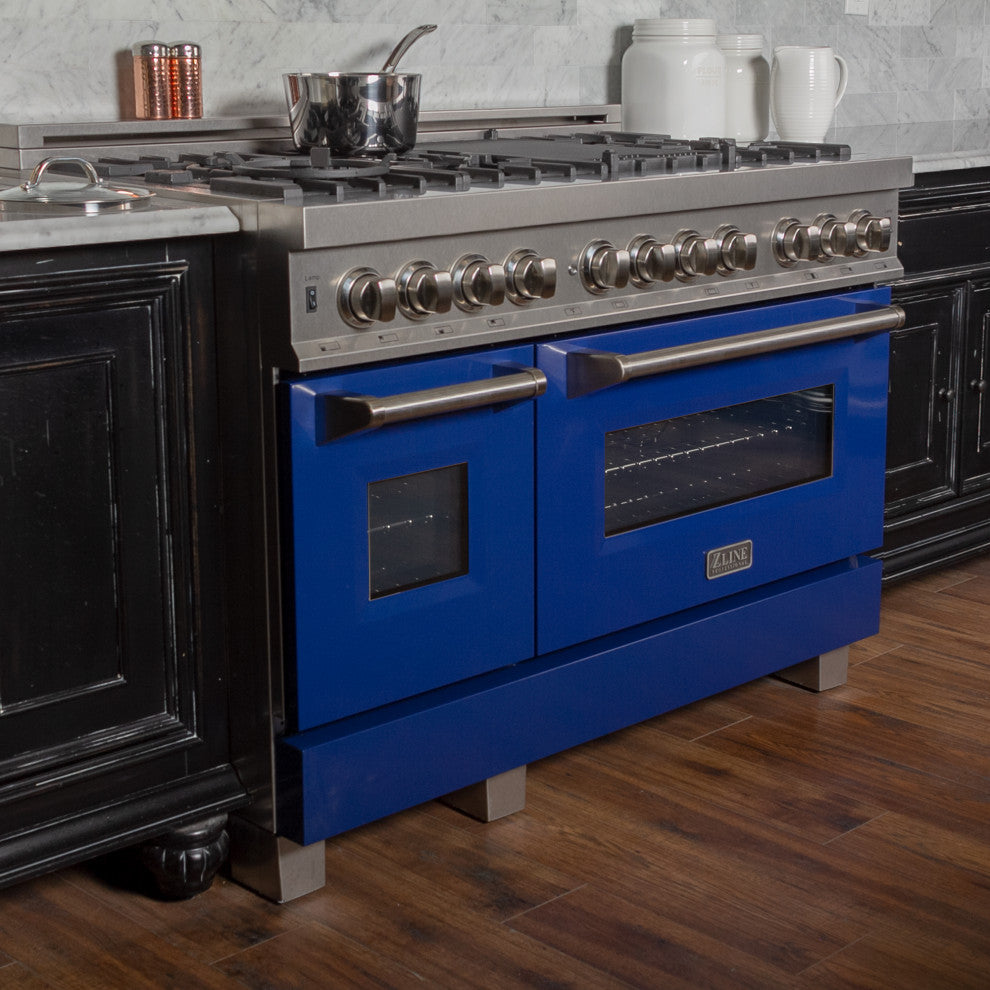 ZLINE 48" Dual Fuel Range, DuraSnow With Blue Gloss Door RAS-BG-48