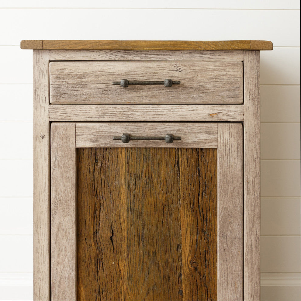 Reclaimed Oak Tilt-out Garbage Bin With Drawer, White With Warm Brown Glaze and Walnut