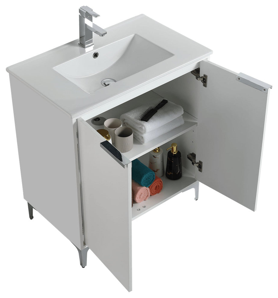 Wilmington Bath Vanity, White Matte, 30 Inch, Polished Chrome Hardware