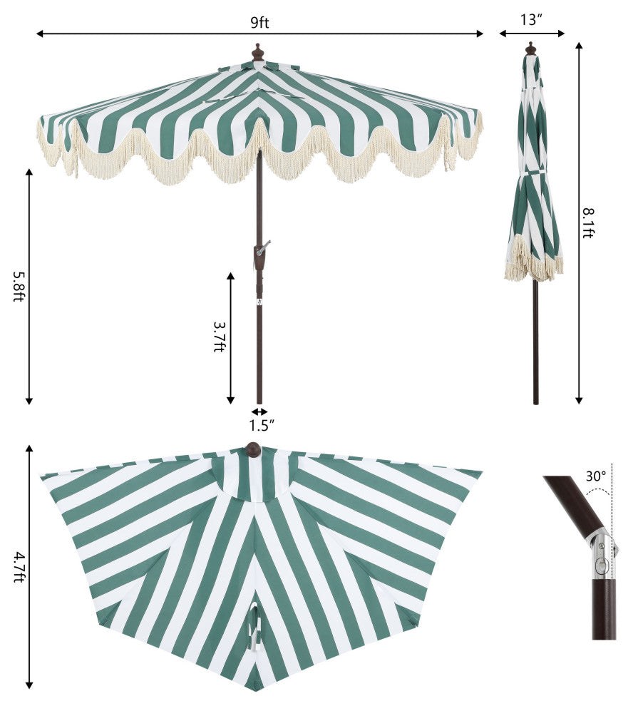 9ft Half Market Umbrella, Scalloped, Crank, Tilt, UV, Green, 108L x 56W x 97H