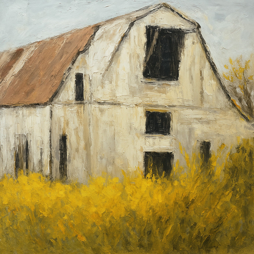 Rustic White Barn with Yellow Field "“ Hand-Painted Painting