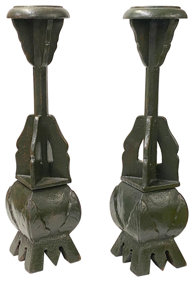 Pair Handmade Wood Green Square Base Round Candle Holders Display, Hws2231