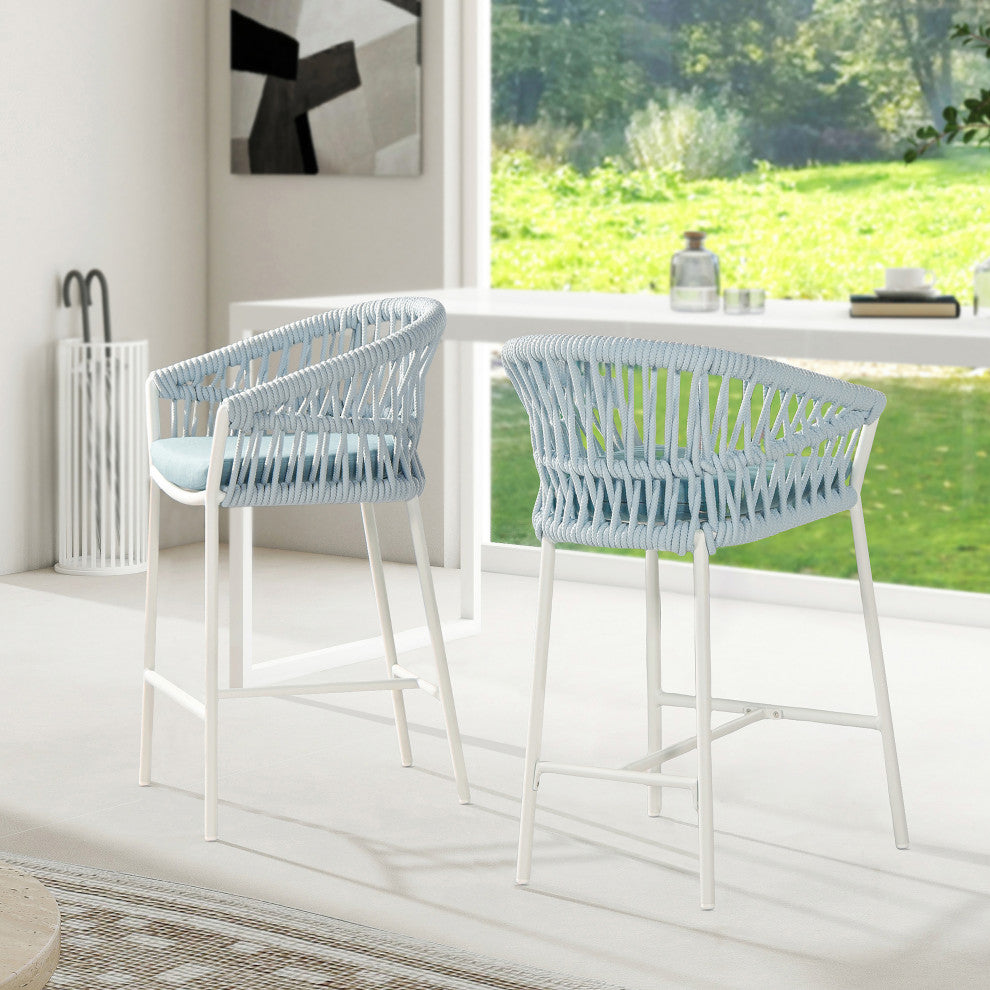 Maiden 27" Woven Barrel Back Outdoor Patio Counter Stool, Set of 2, Sky Blue Sunproof Olefin