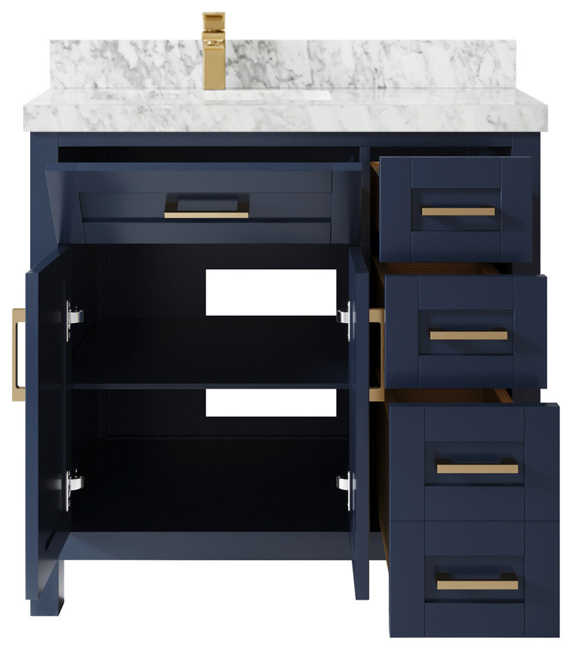 Cambridge 36 Left Offset Bath Vanity in Hale Navy Blue 2" Carrara Marble
