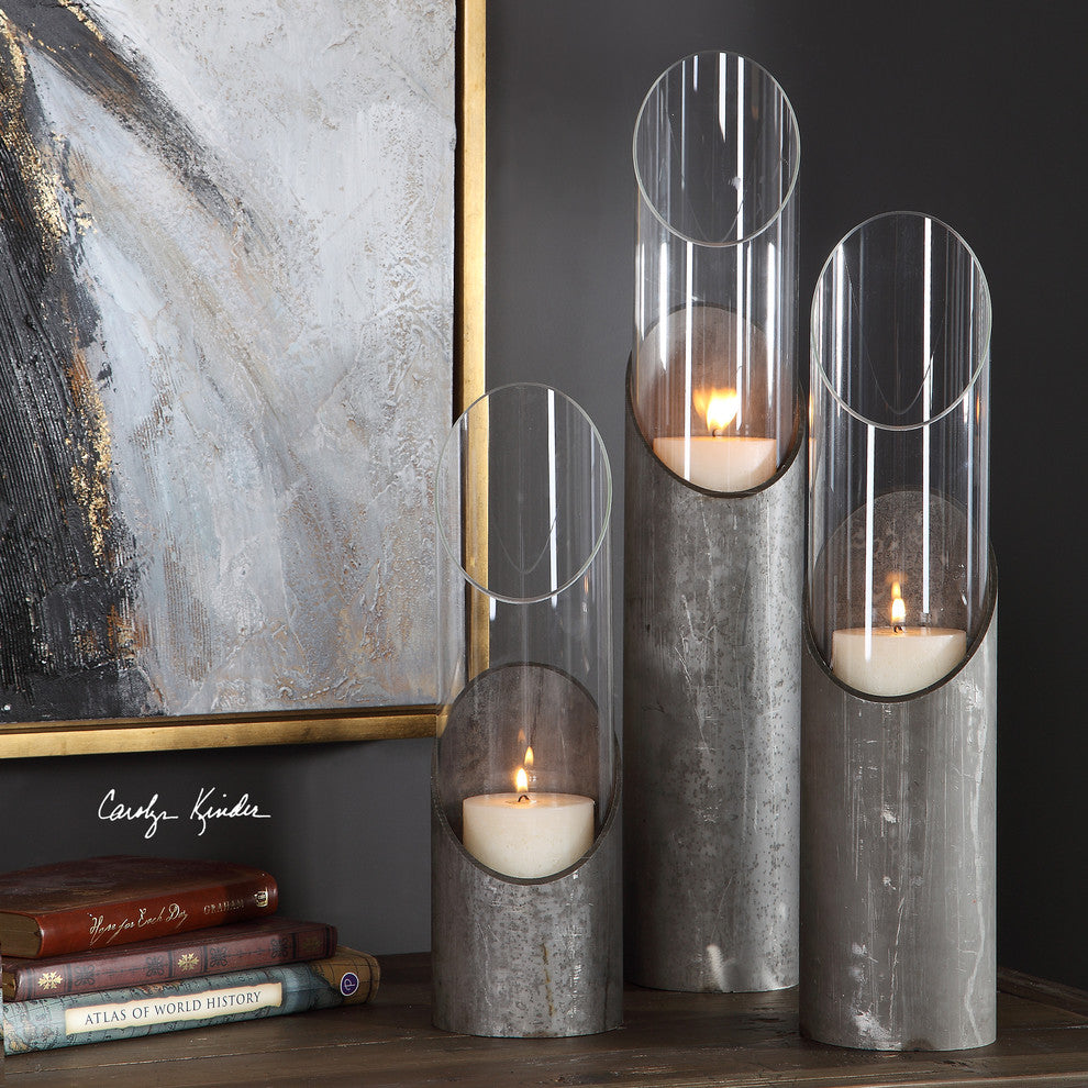 Rustic Modern Raw Iron Pillar Candle Holder Set 3| Cylinder Hurricane Industrial
