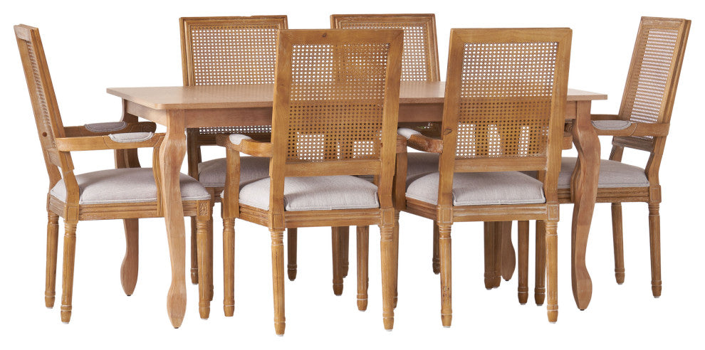 Regan Fabric Upholstered Wood and Cane Expandable 7-Piece Dining Set, Natural Brown/Light Gray