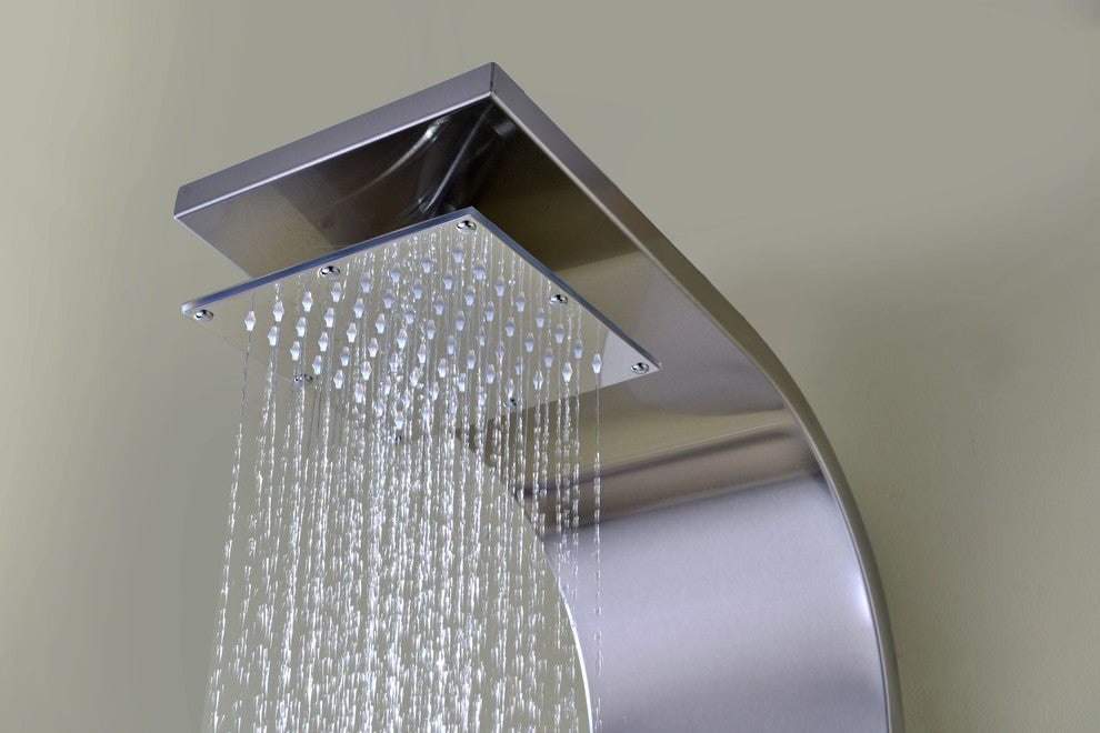 Echo 63.5" 4-Jetted Shower Panel, Heavy Rain Shower, Spray Wand, Brushed Steel