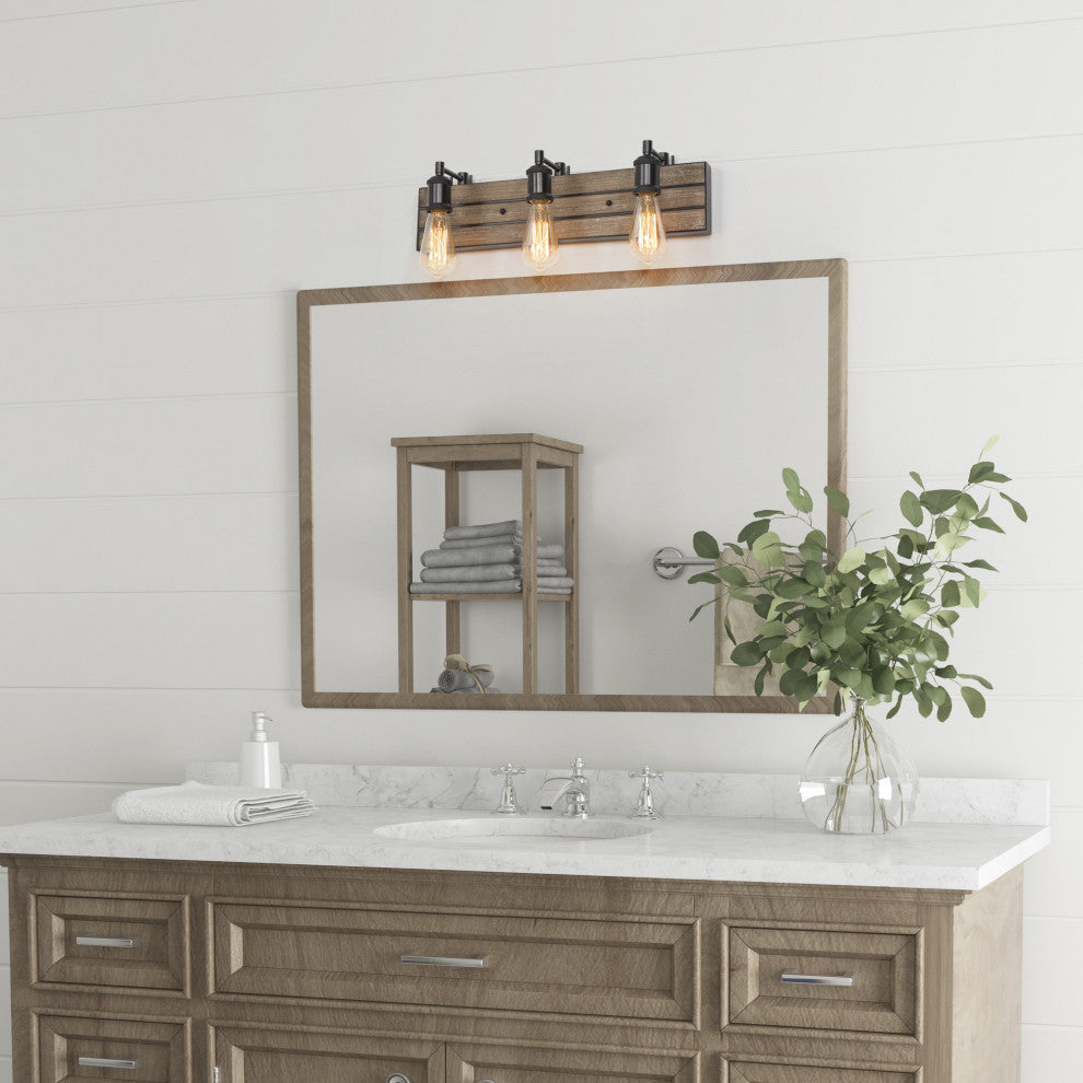 LNC 3-Light Industrial Farmhouse Wall Light, Exposed Bulbs, Wood Backplate