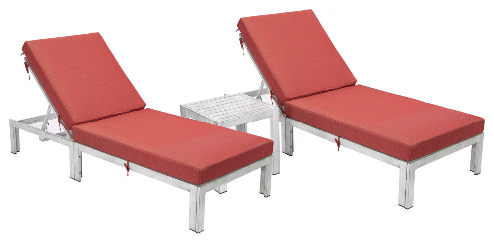 LeisureMod Chelsea Weathered Gray Chaise Lounge and Side Table Set of 2, Red