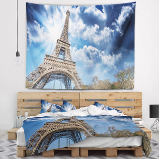 Eiffel Under Blue Sky Skyline Photography Wall Tapestry, 80"x68"