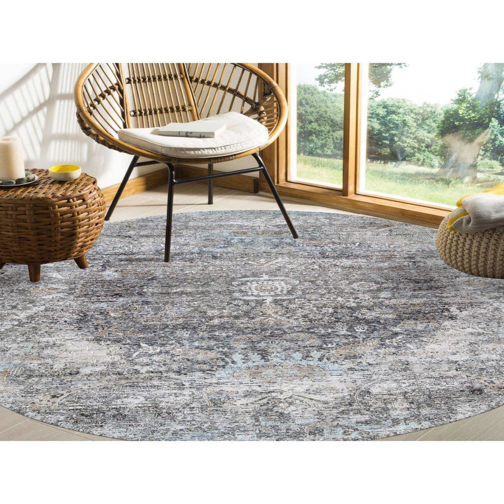 Gray, Silk with Textured Wool, Hand Knotted, Modern, Round, Rug, 11'10" x 11'10"
