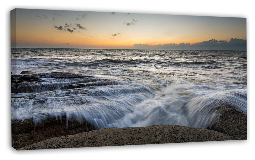 Troubled Sunset Sea Waves, Beach Photo Canvas Print, 32"x16"