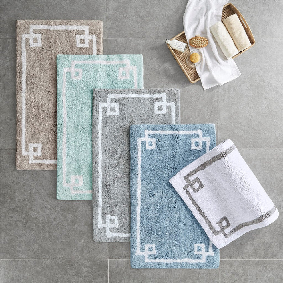 Madison Park Evan High Pile Bordered Bathroom Rug, Blue, Grey, Runner