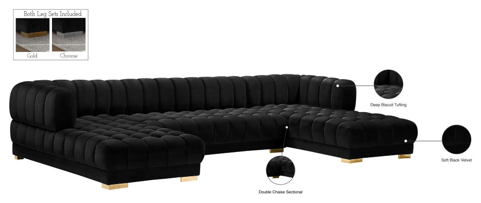 Gwen Biscuit Tufted Velvet Upholstered 3 Piece Sectional, Black