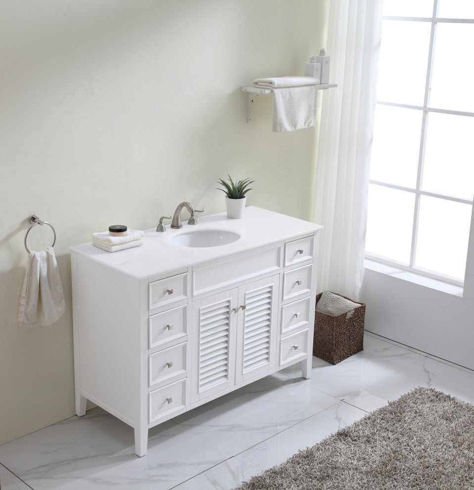 48" Single Bathroom Vanity, White With Ivory White Engineered Marble