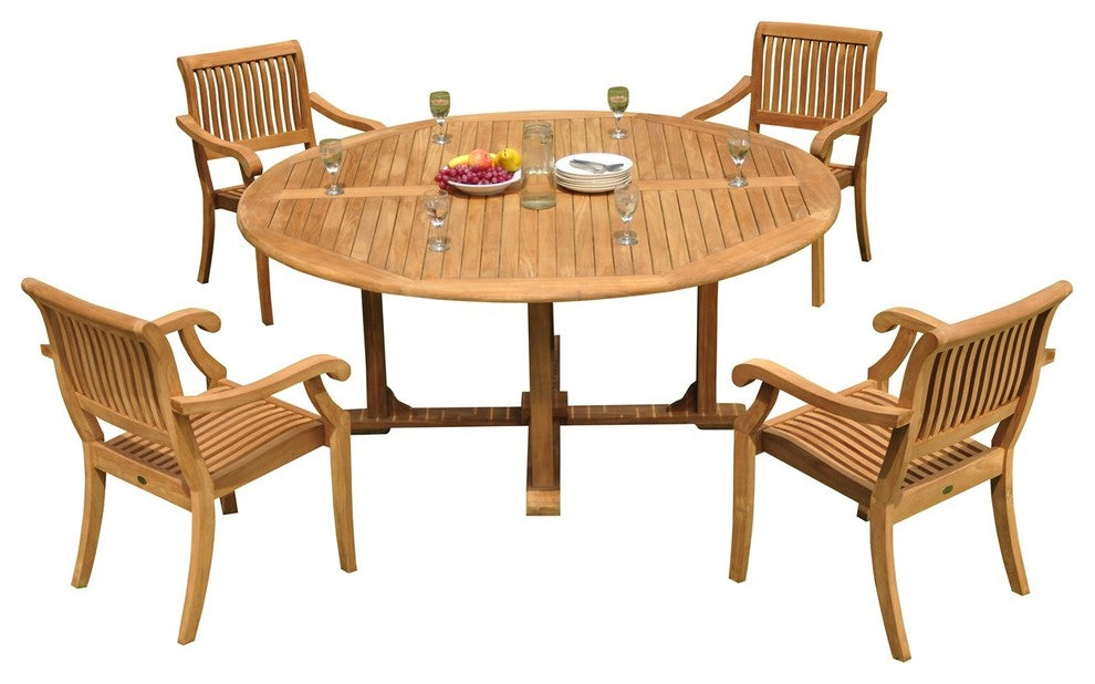 5-Piece Outdoor Teak Dining Set, 72" Round Table, 4 Arbor Stacking Arm Chairs