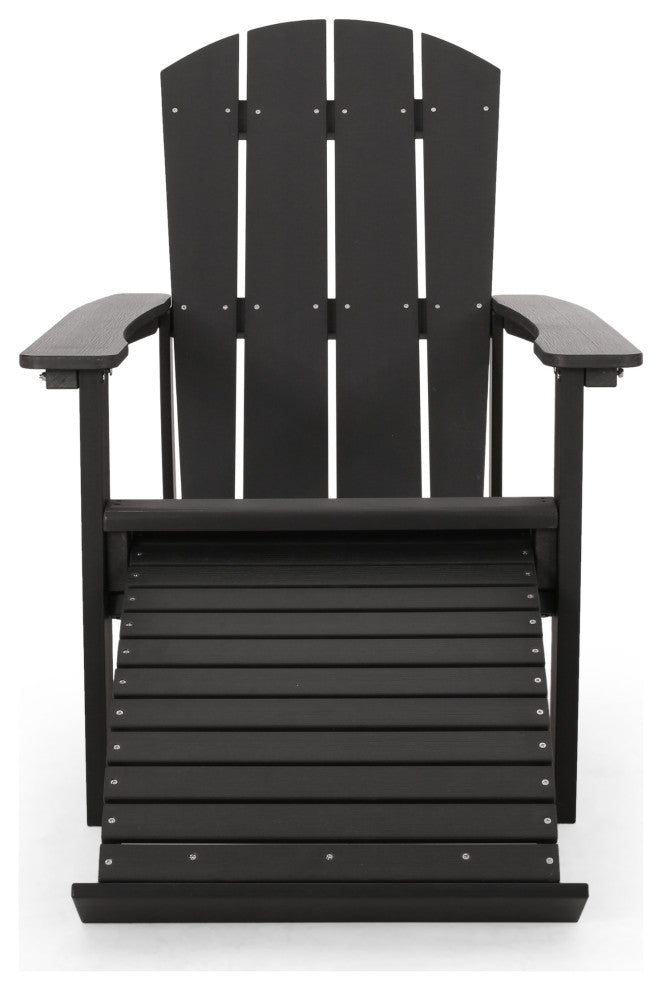 Ulises Outdoor Faux Wood Adirondack Chair With Retractable Ottoman, Black